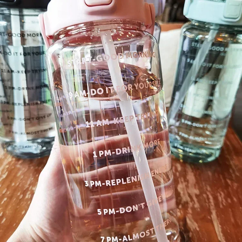 2-Liter Trinkflasche mit Strohhalm und Zeitmarkierung – BPA-frei und auslaufsicher